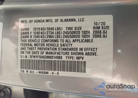 2021 Honda Pilot 2Wd Touring 7 Passenger z USA, uszkodzony, nr VIN 5FNYF5H63MB014988